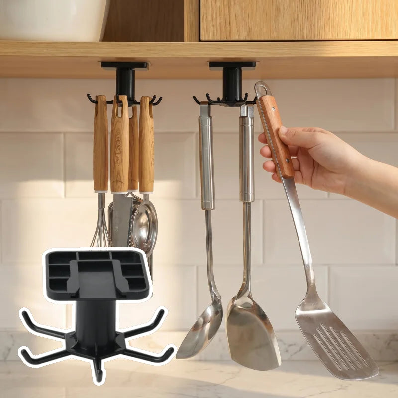 Adhesive Rotating Kitchen Hook Rack (6 Hooks, No-Drill)