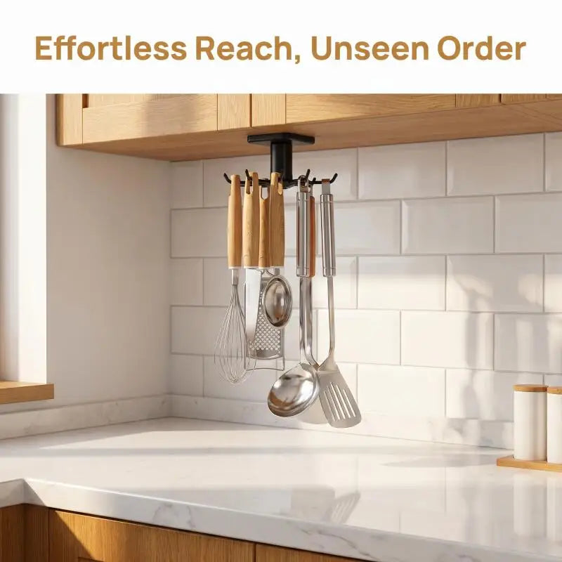 Adhesive Rotating Kitchen Hook Rack (6 Hooks, No-Drill)